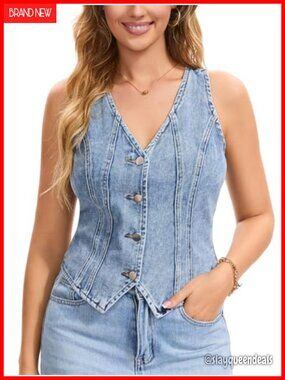 Women's Denim Vest Top V Neck Sleeveless Crop Jean Waistcoat